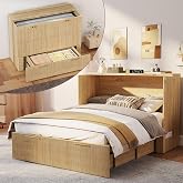 Swyanste Full Size Murphy Bed Cabinet, Fluted Wood Murphy Bed Full Oak | Modern Hidden Bed Cabinet with Charging Station, Fold out Murphy Bed, Space Saving Hideaway Beds for Apartments