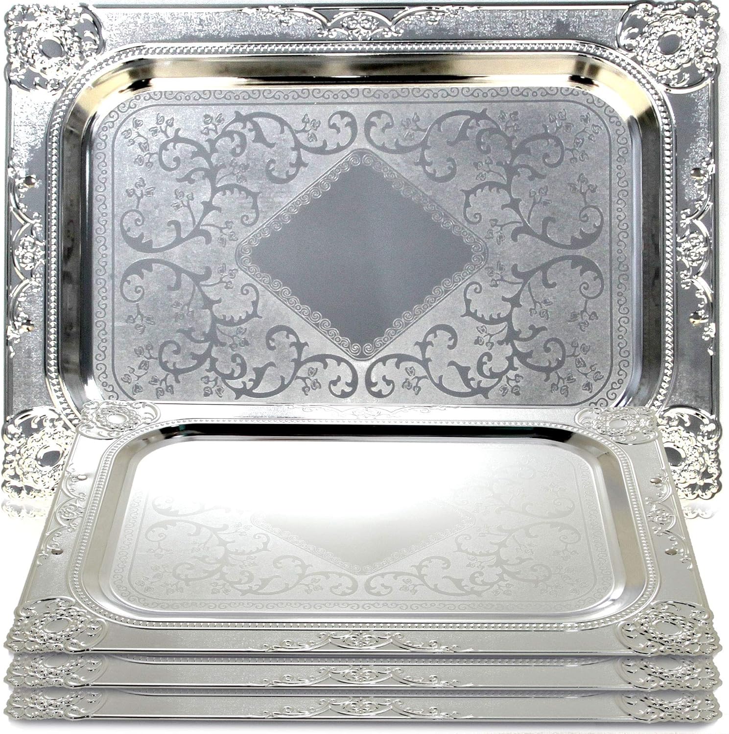 Maro Megastore (Pack of 4) 17.3-Inch x 12.6-Inch Rectangular Chrome Plated Serving Tray Edge Victoria Floral Engraved Decorative Holiday Wedding Birthday Buffet Party Dessert Platter Plate 2470 TS-262