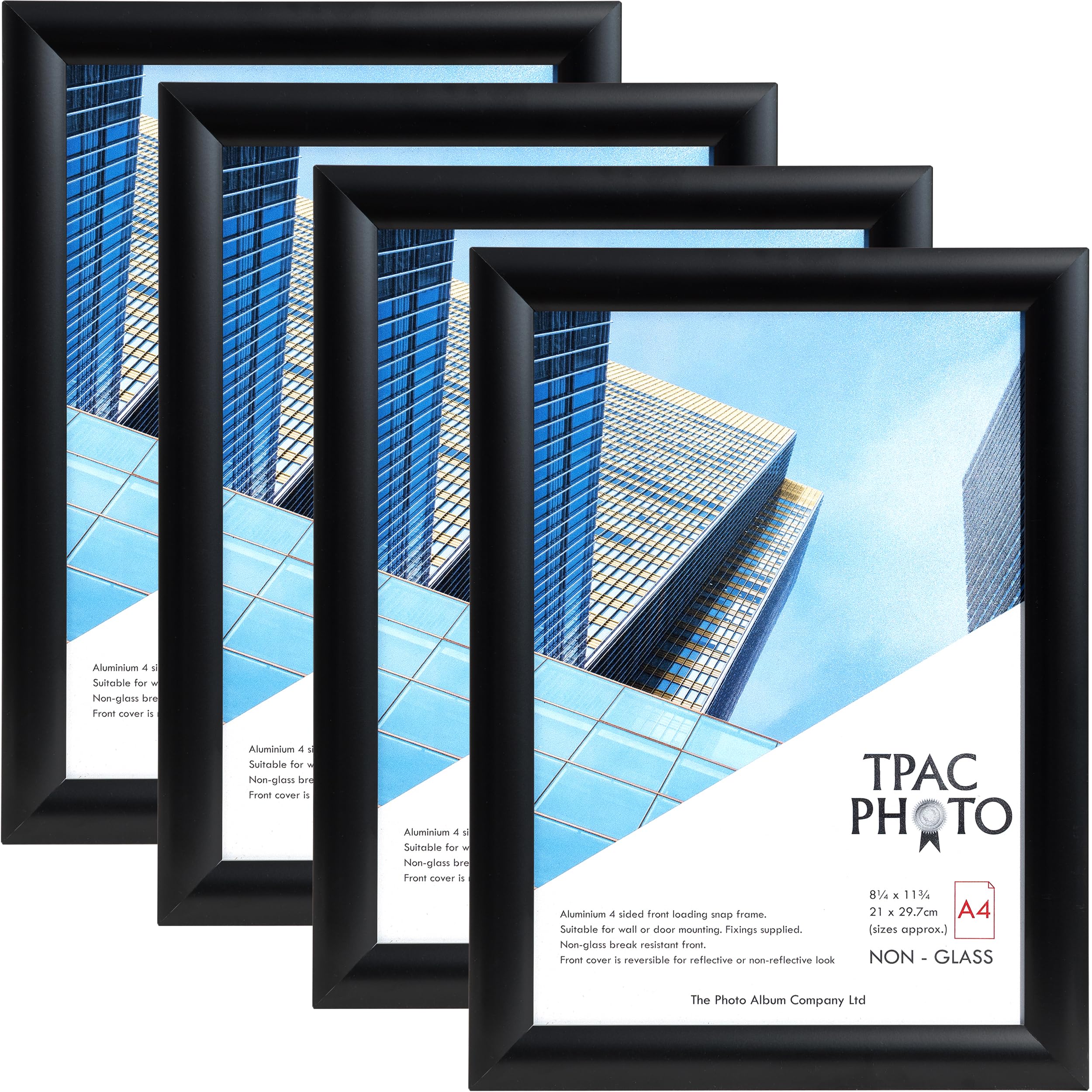 The Photo Album Company Limited | Snap Frame | A4 (21x30cm), Black, Pack of 4, Aluminium, Satin Finish | Wall Mount, Rectangular Shape, Acrylic Front | Display Photos and Posters