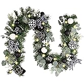 Valery Madelyn 6 Feet Pre-Lit Christmas Garland with Lights for Mantle, Lighted Outdoor Xmas Garland with Black White Balls Bow for Home Stairs Fireplace Table Centerpiece Indoor Holiday Party Decor