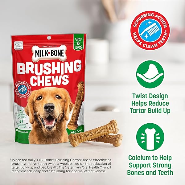 MILK-BONE BRUSHING CHEWS DAILY DENTAL DOG TREATS, CHICKEN FLAVOR, LARGE, 25 COUNT