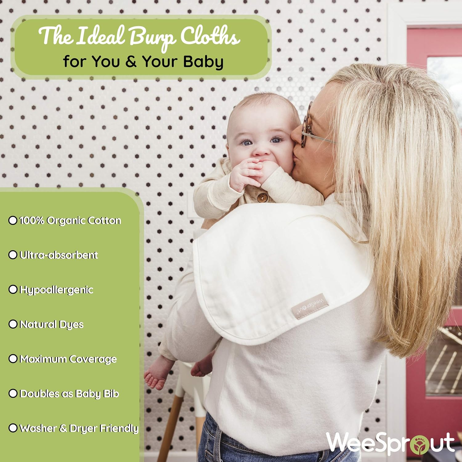 WeeSprout Set of 4 Organic Cotton Burp Cloths - Four Ultra-Absorbent Layers Keep Clothes Dry, Button Transforms Burp Cloth Into Baby Bib, Machine Washable & Dryer Friendly, Unisex for Boys & Girls: Home & Kitchen