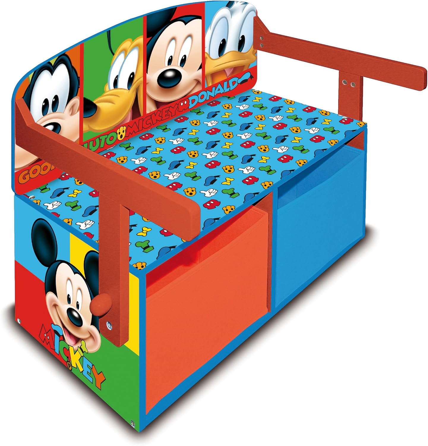 Arditex WD8329 Banco de madera guarda juguetes 3 en 1, diseño Mickey