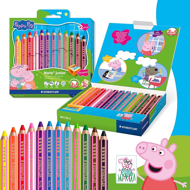 Noris junior matite colorate Peppa Pig set da 12 – matite 3 in 1 pastello a cera e acquerellabile per diverse superfici – mine extra morbide per colori intensi
