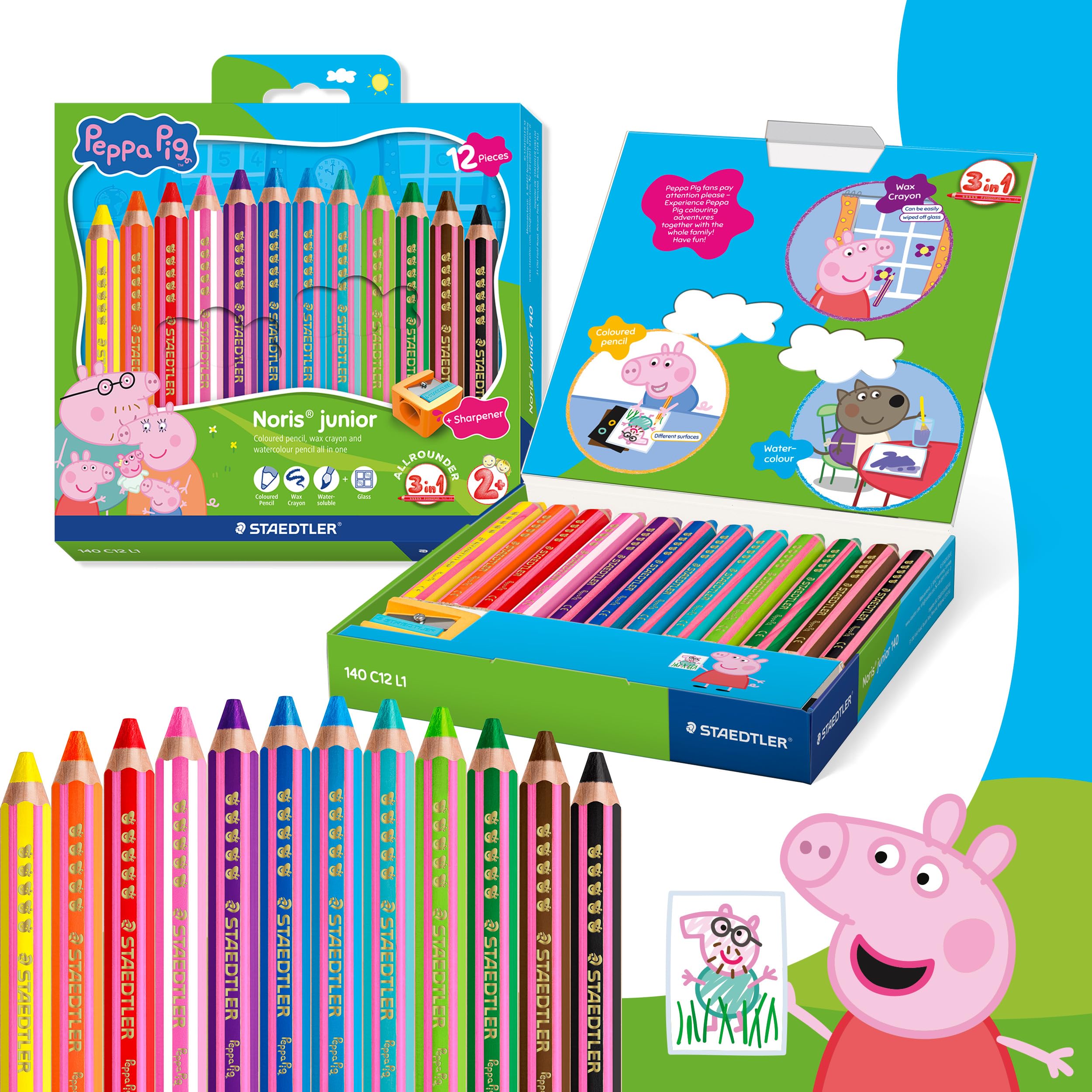 STAEDTLER Noris junior Buntstifte Peppa Wutz 12er Set - 3 in 1 Wachsmal-Aquarellstifte für vielseitige Untergründe - Extra weiche Farbminen für intensive Farben - Ergonomische Kinderstifte 3