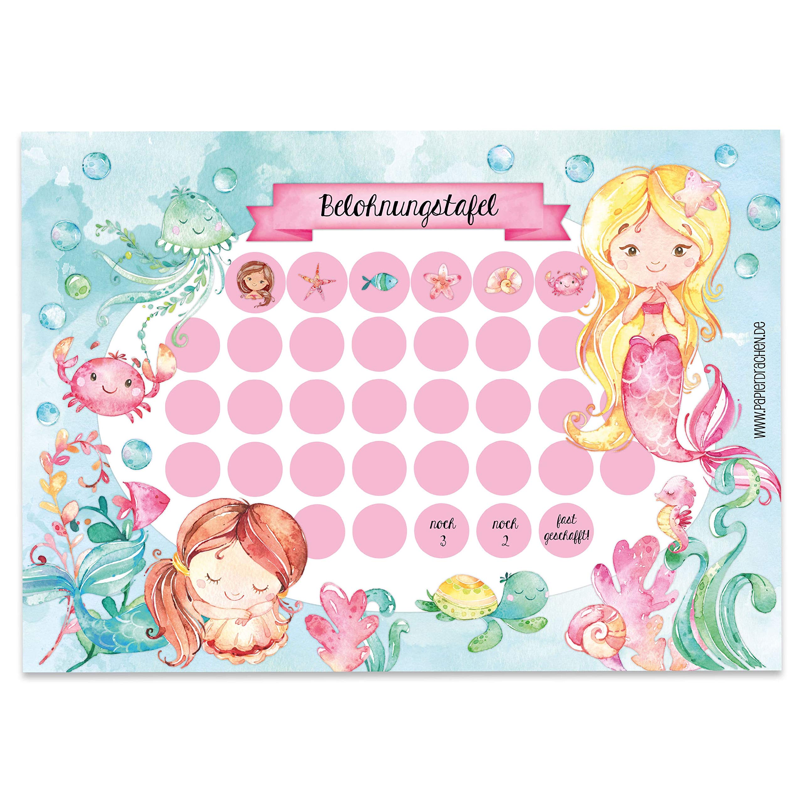 Papierdrachen Reward Chart Set for Children as Tear-Off Pad 10 Sheets – Motivational Concept as Educational Aid – with Great Stickers for Boys and Girls – Mermaid Motif Set 5