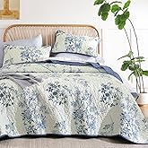 WONGS BEDDING Blue Floral Quilt Set Queen,Botanical Leaf & Butterfly Pattern Quilts Bedspread Coverlet Set,Soft Beautiful Farmhouse Plants Quilts Bedding Set