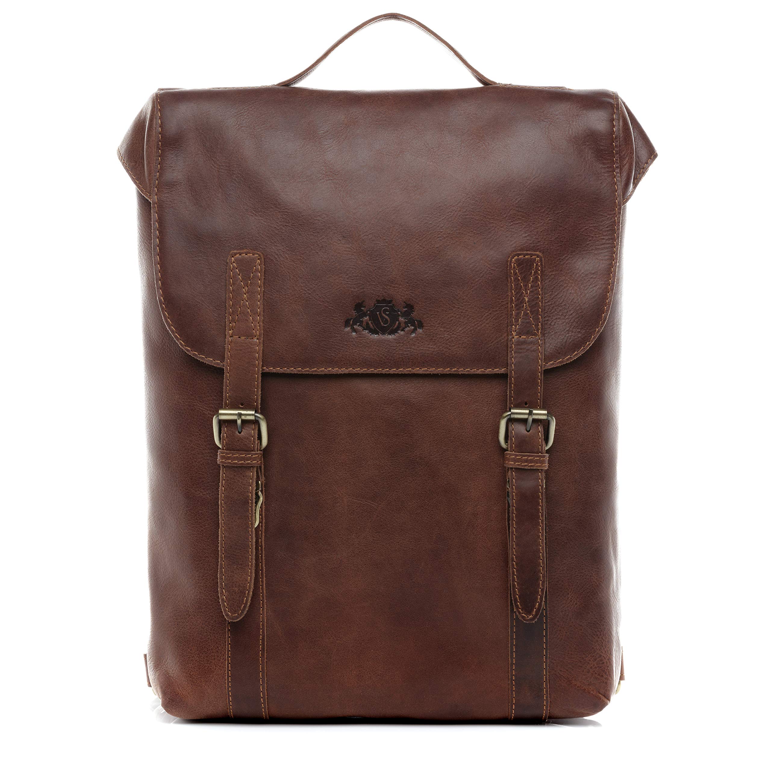 SID & VAIN Backpack Eton Large daybag knapsack Real Leather 15,4 inch Laptop Rucksack Leather Bag Women Men Unisex Brown