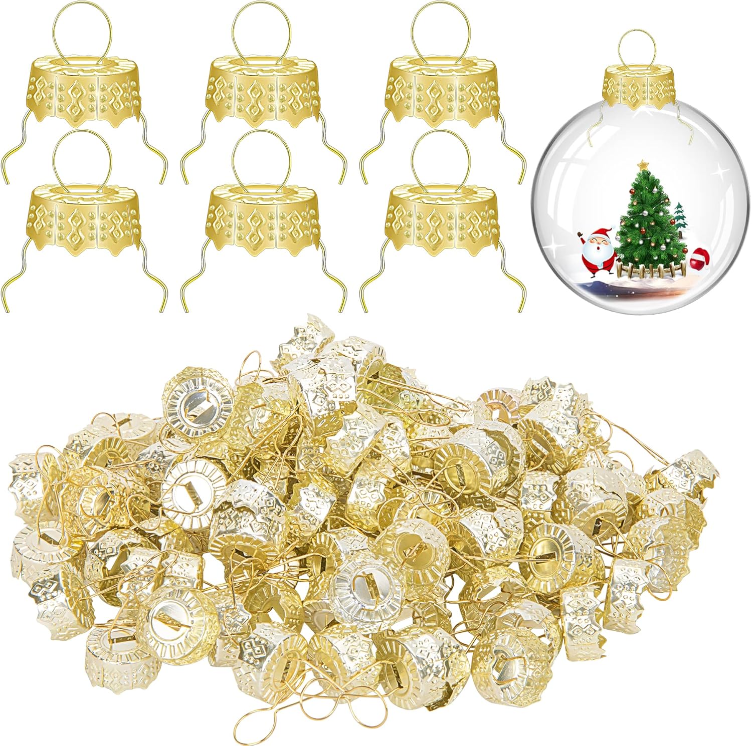 Ornament Hooks - moonoom 100 Pieces Round Christmas Ornament Caps, Gold Removable Metal Hangers Caps,Christmas Replacement Ornament Cap for Christmas Porcelain, Ceramic or Glass DIY Decor (Gold-1/2inch)