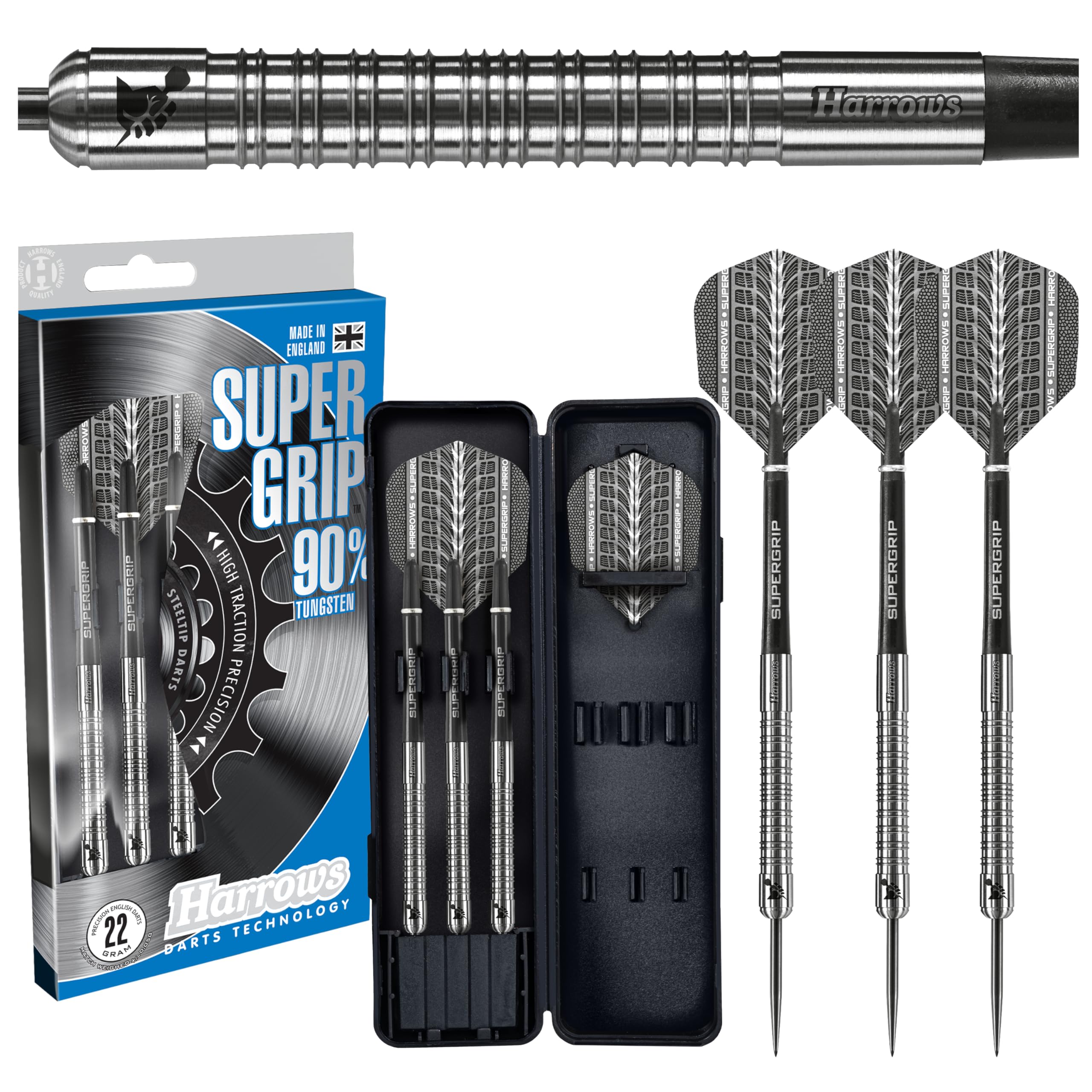 Harrows SUPERGRIP 90% Tungsten Steel Tip Darts Set. Available in 21g, 22g, 23g, 24g, 25g, 26g, 28g & 30g - Includes Supergrip Shafts, Supergrip Flights & Travel Case (28g)