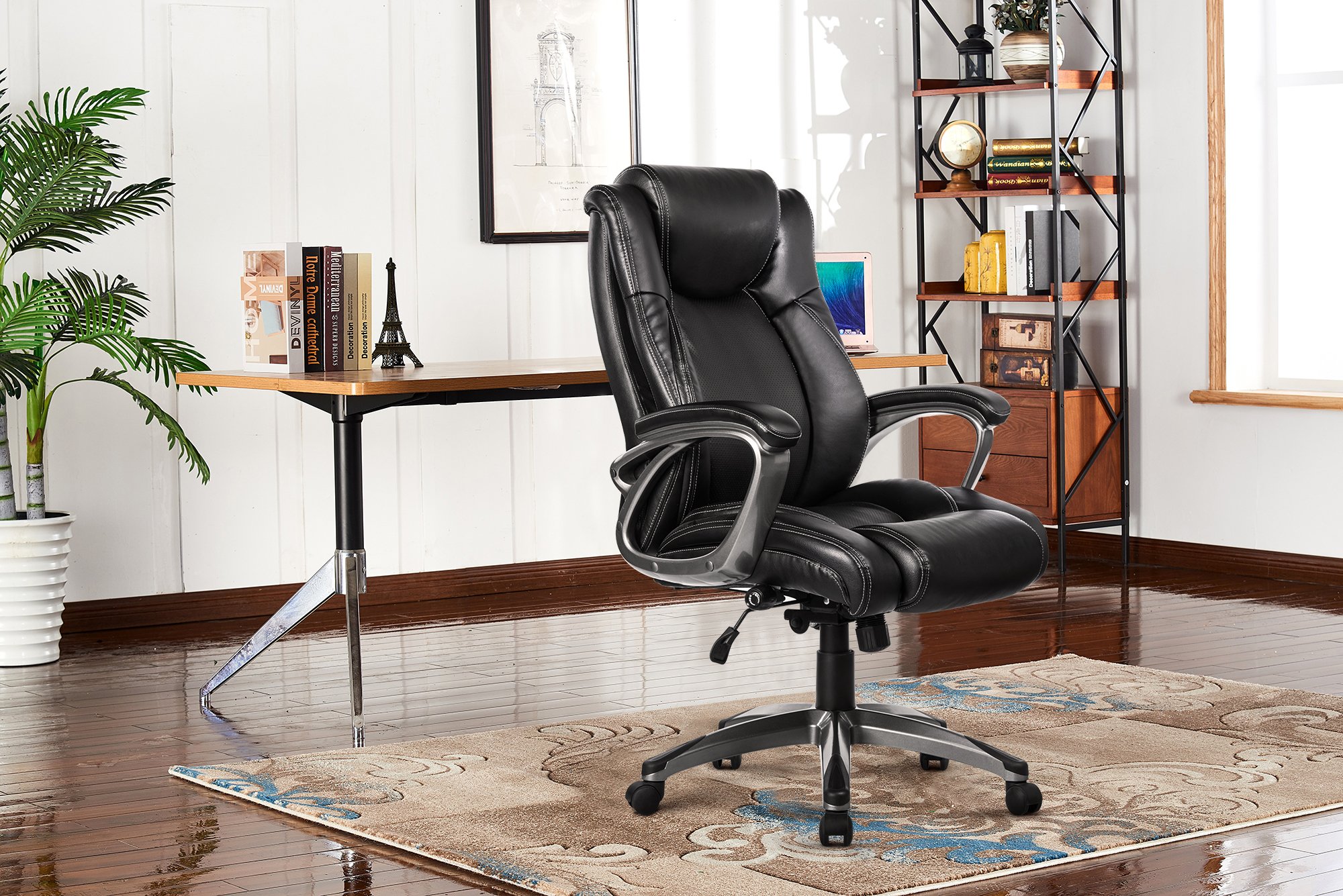 VANBOW Leather Memory Foam Office Chair Adjustable Lumbar Support Knob and Tilt Angle High
