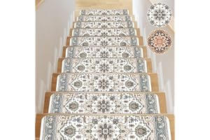 IKALIFE 15 PCS Carpet Stair Treads for Wooden Steps 30inX8in Indoor Non Slip Stair Runner Reusable Edging Stair Rugs Rubber Backing Safety Mats for Kids Elders and Pets,Green & Beige