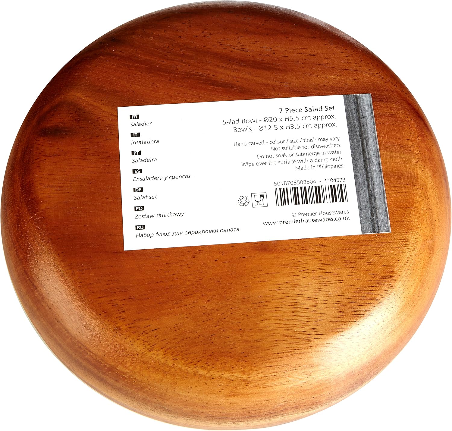 Premier 7pcs Acacia Wood Salad Bowl Set - Large Wooden Serving Bowl with 4 Small Bowls and Salad Servers, Natural, H5 x W20 x D20cm - Image 4