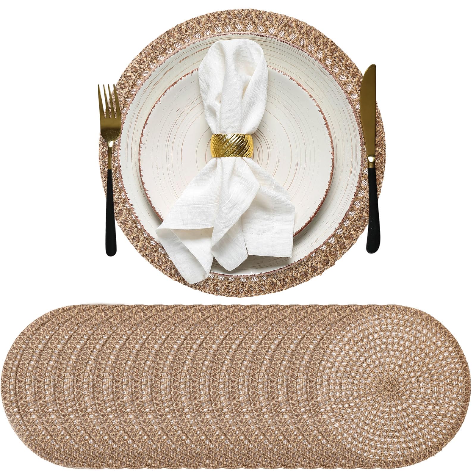 Photo 1 of Gandeer 24 Pcs 12 Inch Round Burlap Placemat Boho Jute Woven Charger Rustic Vintage Brown Heat Resistant Dining Table Mat for Home Wedding Craft Farmhouse Outdoor Birthday Bridal Party Decoration