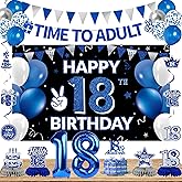 DARUNAXY 18th Birthday Party Decorations for Boys Girls, Blue Time To Adult 18 Banner, 18 Number Balloons & Cake Topper, Cheers To 18 Years Old Birthday Honeycomb Hanging Swirl Confetti Balloons