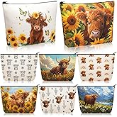 Bulyoou 8 Pcs Highland Cow Makeup Bag Bulk Western Cowgirls Gifts for Women Sunflower Daisy Floral Cow Print Makeup Bag Spring Highland Cow Lover Gifts for Mothers Day, Birthday