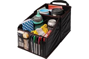 Lusso Gear 9-Compartment Car Seat Organizer with Cup Holders - For Front, Back, Passenger Seats, Truck and Van (Black w Red Stitch)