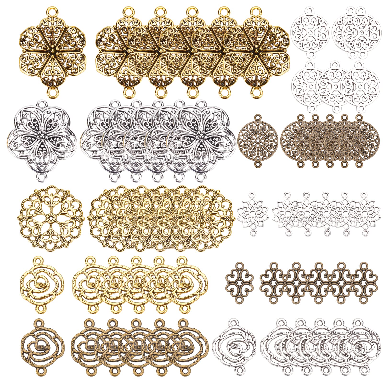 SUNNYCLUE 1 Box 60Pcs 10 Styles 4 Colors Flower Connector Charm Hollow Alloy Flat Round Filigree Floral Links Vintage Rose Pendants for Jewelry Making Charms DIY Bracelets Earrings Findings