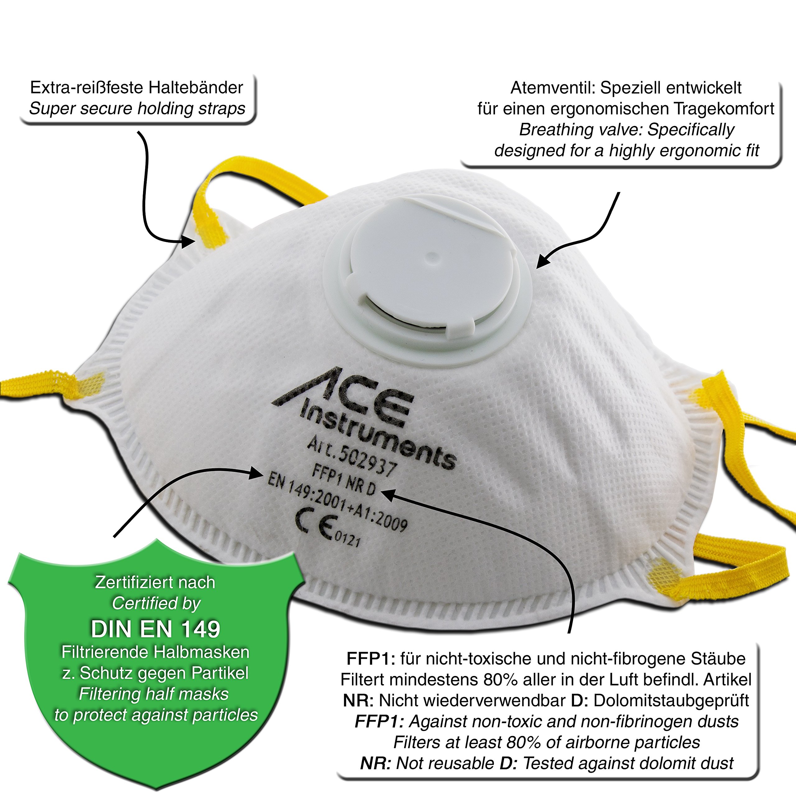 ACE 10 pcs. FFP1 Dust Masks, Protection Against Particles, Smoke, Aerosols and Dust, EN149