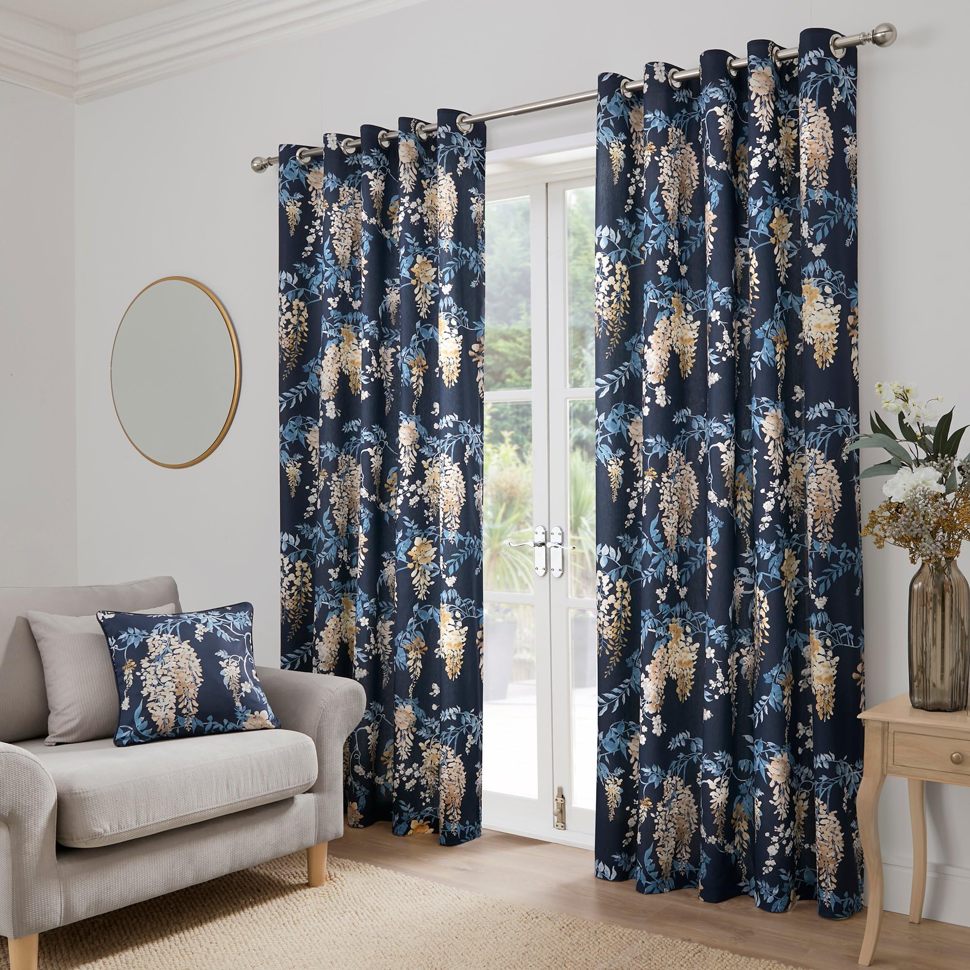 Dreams & Drapes Navy Wisteria Drapes – W66 x L90 (168x229cm) – 2 Panels – Floral Eyelet Design – Dark Blue Curtains for Bedroom or Living Room – Soft Cotton Feel – Elegant Botanical Pattern