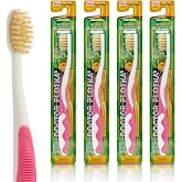 MOUTHWATCHERS Soft Flossing Manual Toothbrush, Kids and Teens, 4-Pack, Pink | Soft Floss-Tip Bristles for Kids Sensitive Teeth and Gums, Gentle Manual Brush, BPA Free, Dr Plotka Design