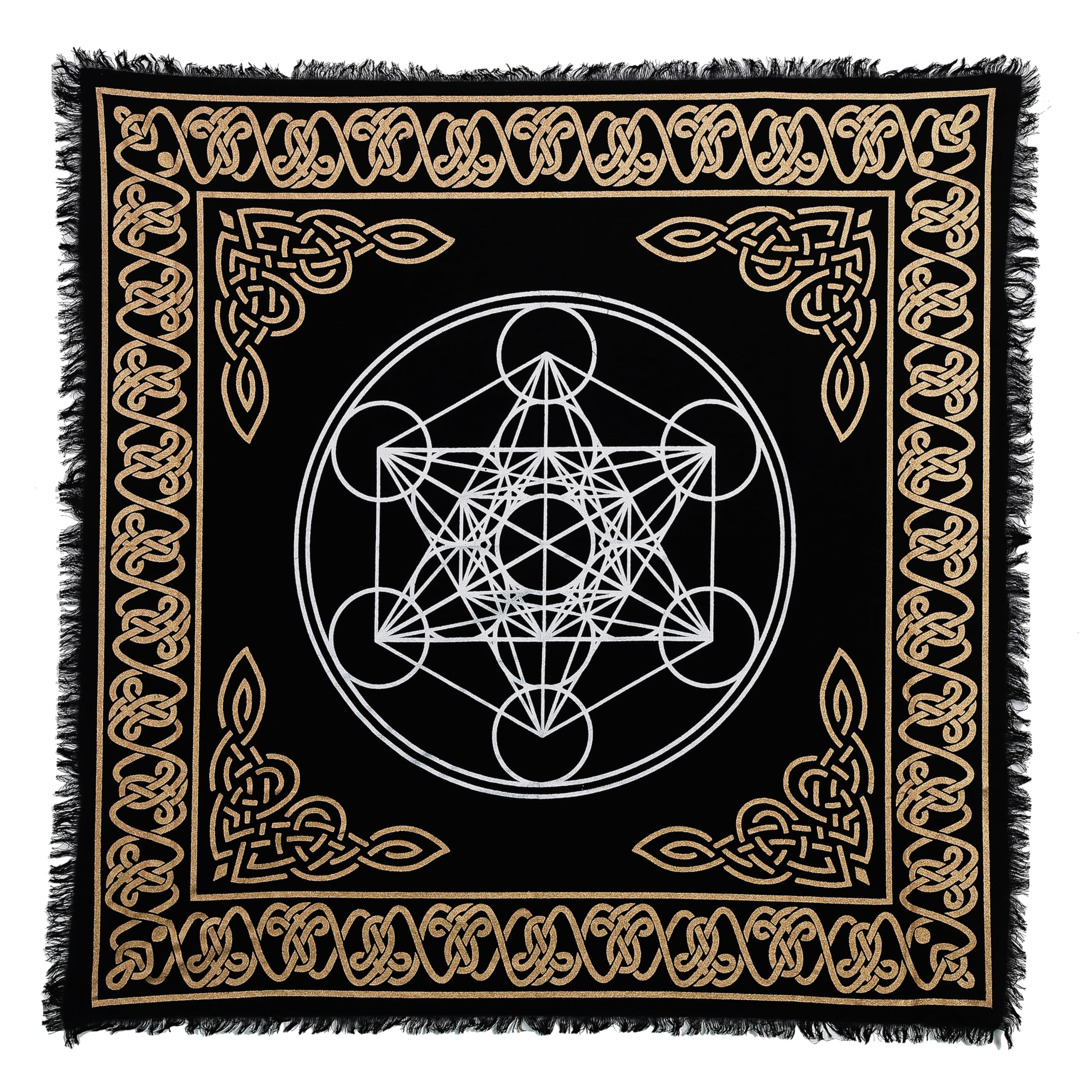 Indian Consigners Altar Cloth Hexagonal Metatron Witchcraft Alter Tarot Spread Top Cloth Wiccan Square Spiritual 36 by 36 sacred cloth (Hexagonal Metatron Gold Silver)