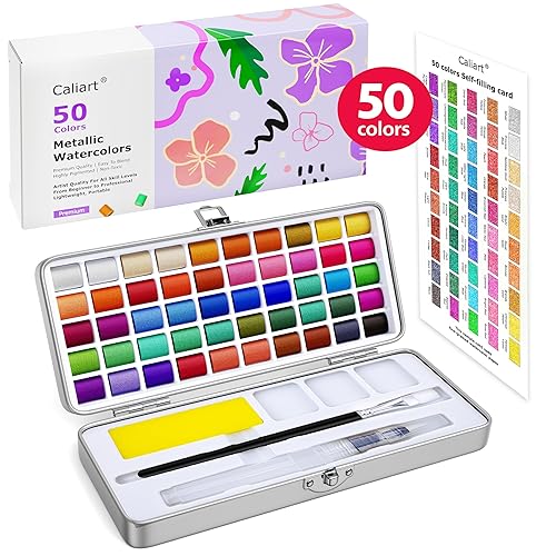 Caliart Metallic Watercolor Paints, 50 Colors Glitter Watercolors Set with 1 Brush, Portable Travel Painting Kit Gifts for Adults Artists Beginners Painters Art Supplies