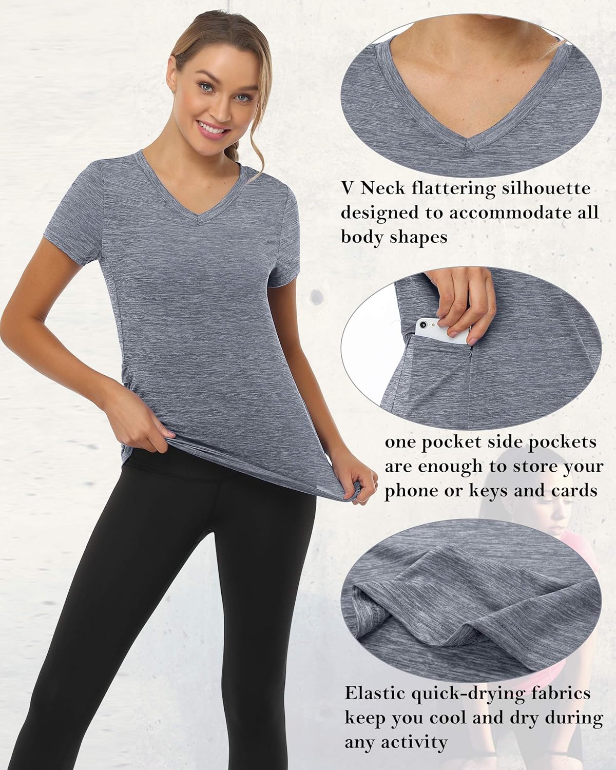 Women's V Neck Workout Top with Pocket Short Sleeve Dry Fit Active Running Hiking Shirt: Clothing