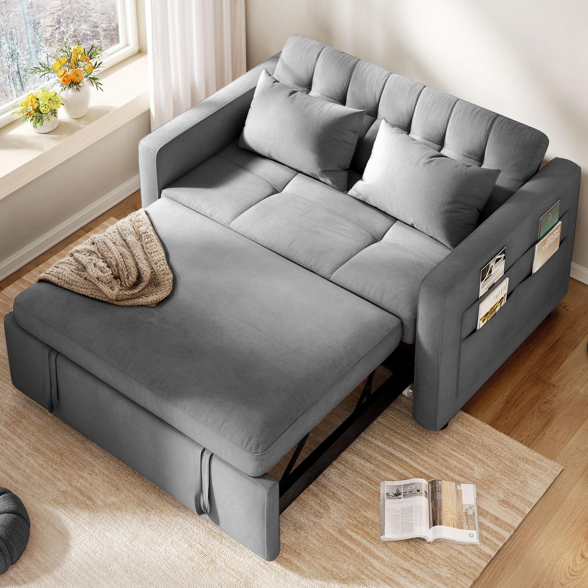 Photo 1 of YITAHOME 55" Convertible Sofa Bed, Velvet Sleeper Sofa with Pull-Out Bed, 3-in-1 Futon Couch with Reclining Backrest and Side Pocket, Modern Loveseat for Living Room, Grey, Full Size