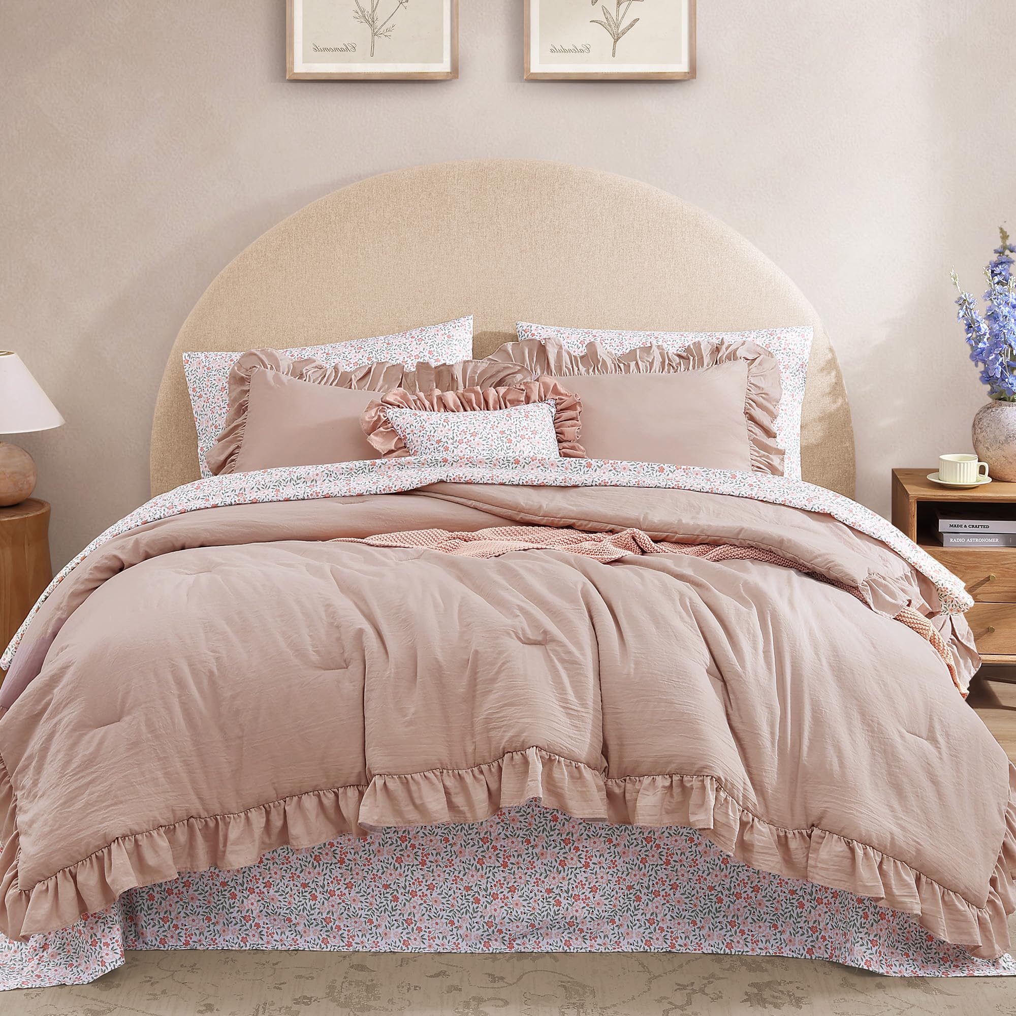Photo 1 of BLOOMHAVEN Queen Comforter Set - 7 Pieces Ruffle Pink Bedding Sets, Shabby Chic Farmhouse Bed in a Bag Queen with Ruffle Comforter, Floral Sheets, Pillowcases & Shams