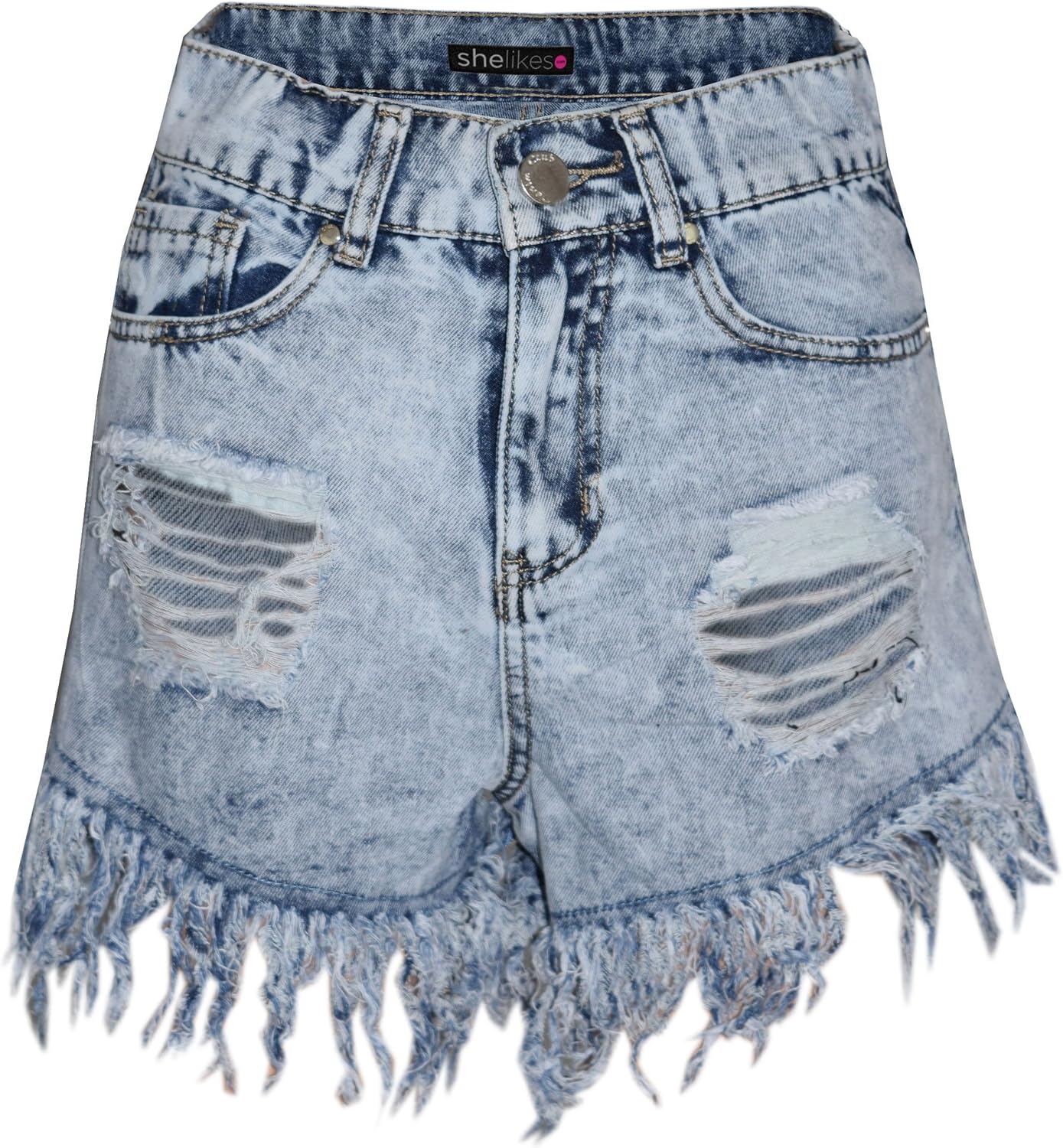 blue denim extreme rip front shorts