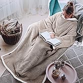 Tirrinia Sherpa Wearable Blanket With Sleeves, Full Body Throw Reading Wrap TV Blankets