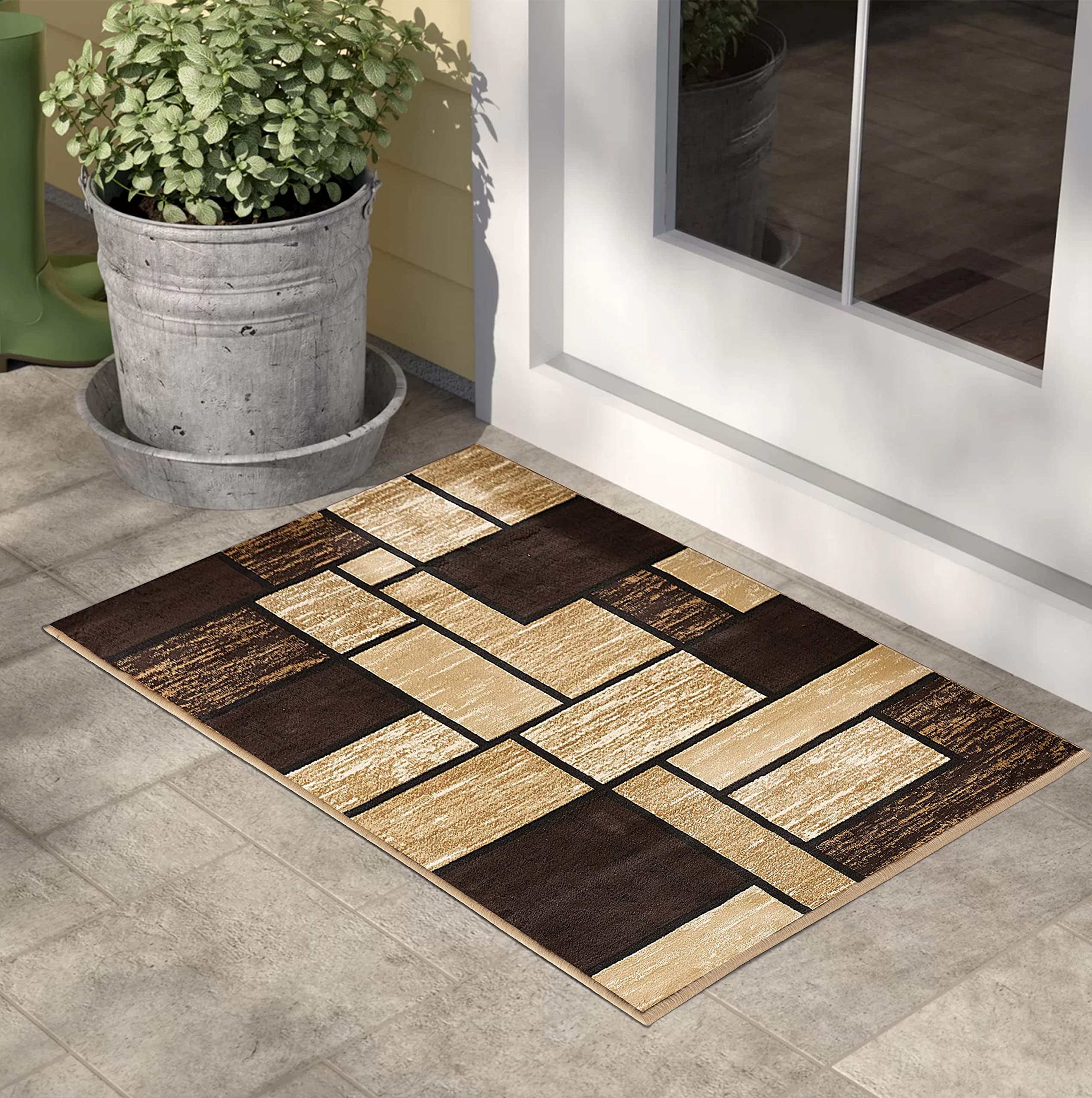 Glory Rugs Area Rug 2x3 Door Mat Modern Boxes Brown Carpet Bedroom Living Room Contemporary Dining Accent Sevilla Collection 6614