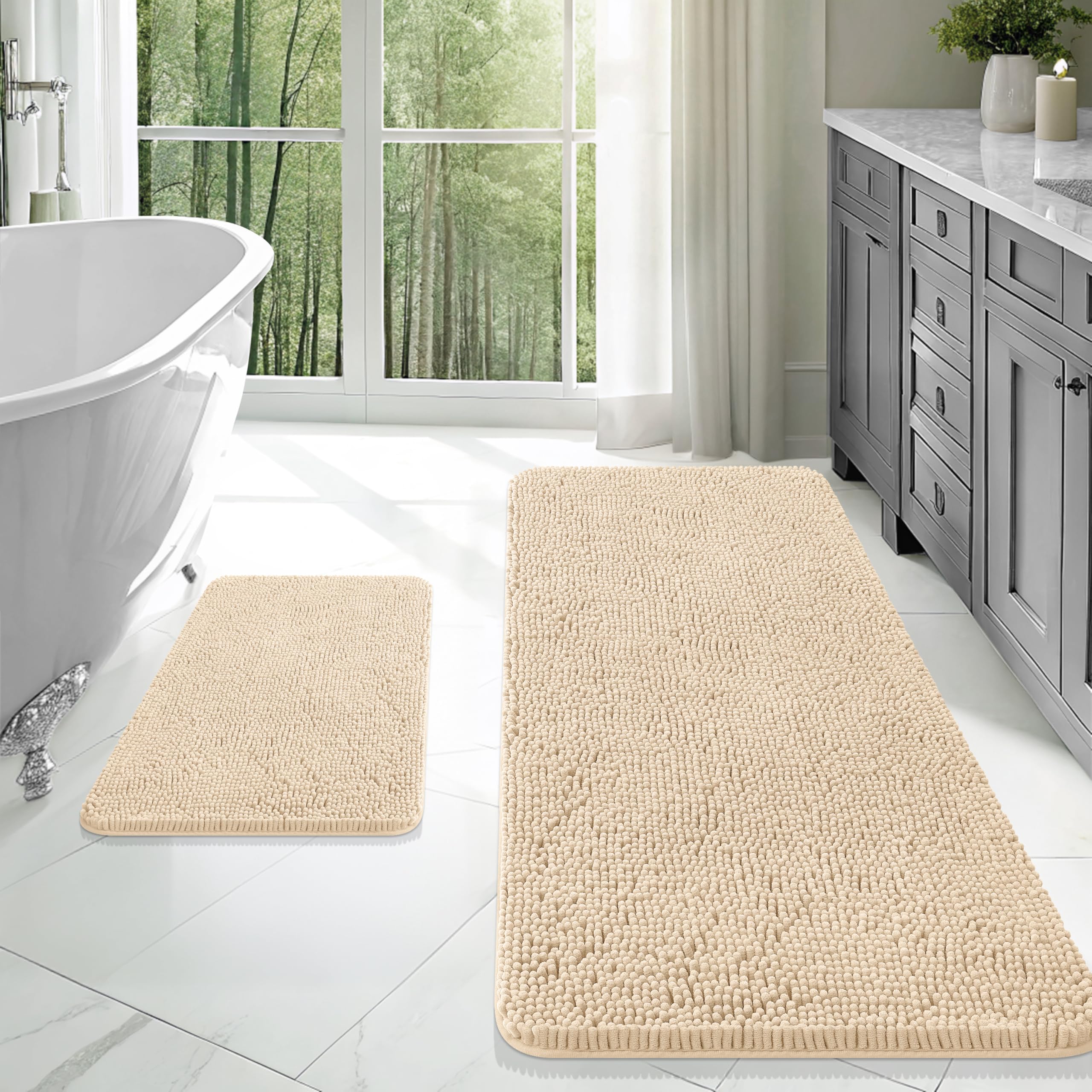 Photo 1 of OLANLY Bathroom Rugs Sets 2 Piece, Soft Absorbent Chenille Bath Mats Area Rug Set, Non-Slip, Quick Dry, Machine Washable Bath Mats for Bathroom, Home Decor Accessories (47"x20"+24"x16", Beige)
