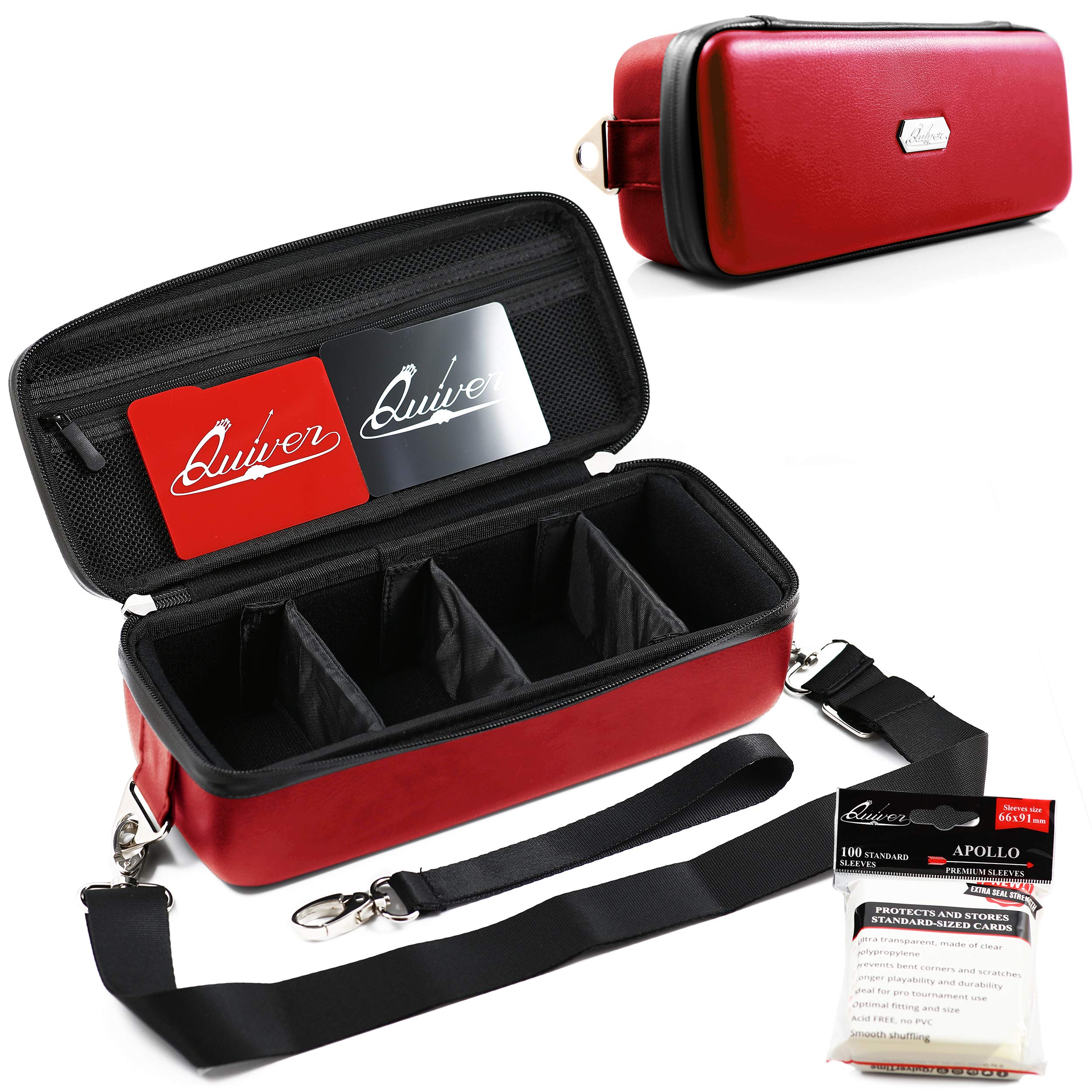Quiver Time Red Bolt Card Carrying Case fits PM Cards and other TCG Games - Storage Bag for Playing/Trading Cards and Deck Box (Straps, Dividers & 100 Apollo Card Sleeves)