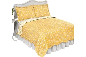 Collections Etc Reversible Floral Quilt with Scalloped Edges and Two-Tone Design, Yellow, Twin