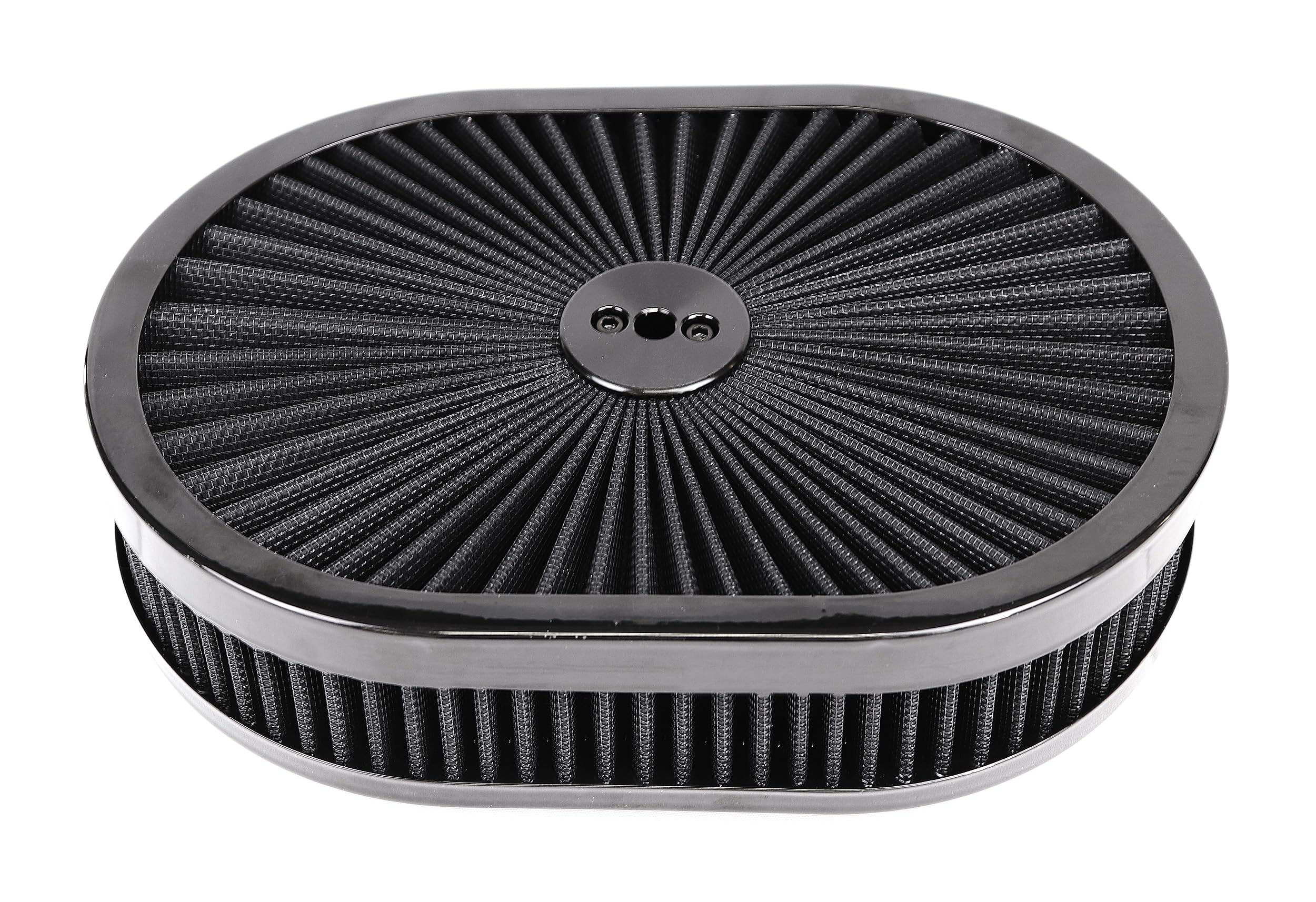 Photo 1 of JGhyperX Oval 12"x2" Air Cleaner Filter Assembly Kit Compatible with GMC Chevy Ford Chryler Dodge V8 Black 5-1/8" Carb Neck w/Flow-Thru Lid High Flow Chrome 5331ABK