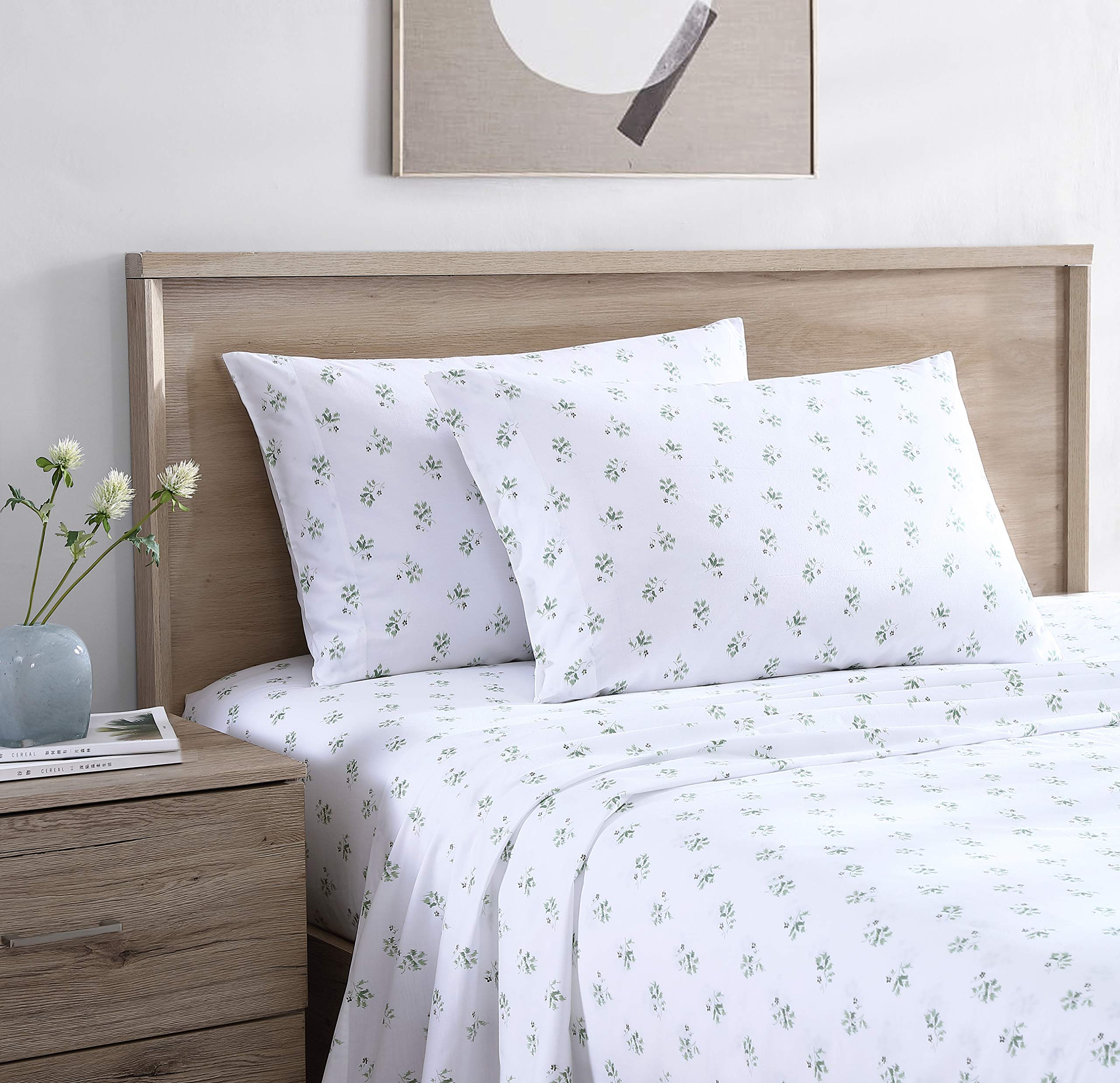 Stone Cottage - Full Sheets, Cotton Percale Bedding Set, Crisp & Cool Home Decor (Green Sketchy Ditsy, Full)