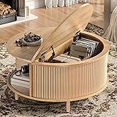 Beroxii Round Coffee Table, 31.5" Fluted Center Table with Storage, Lift-Top Coffee Table with Adjustable Footpads, Sliding D
