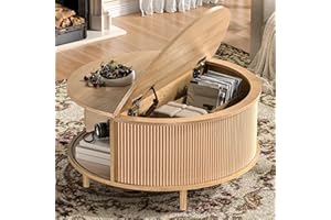 Beroxii Round Coffee Table, 31.5" Fluted Center Table with Storage, Lift-Top Coffee Table with Adjustable Footpads, Sliding D