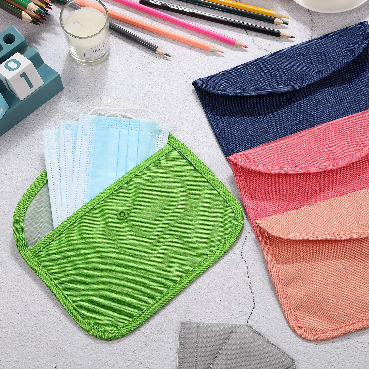 4 Pieces Portable Face Cover Storage Bags Cloth Face Cover Organizer Case Cosmetic Containers Face Covers Clips Pollution Prevention Bags (Navy Blue, Peachy Pink, Green and Pink)