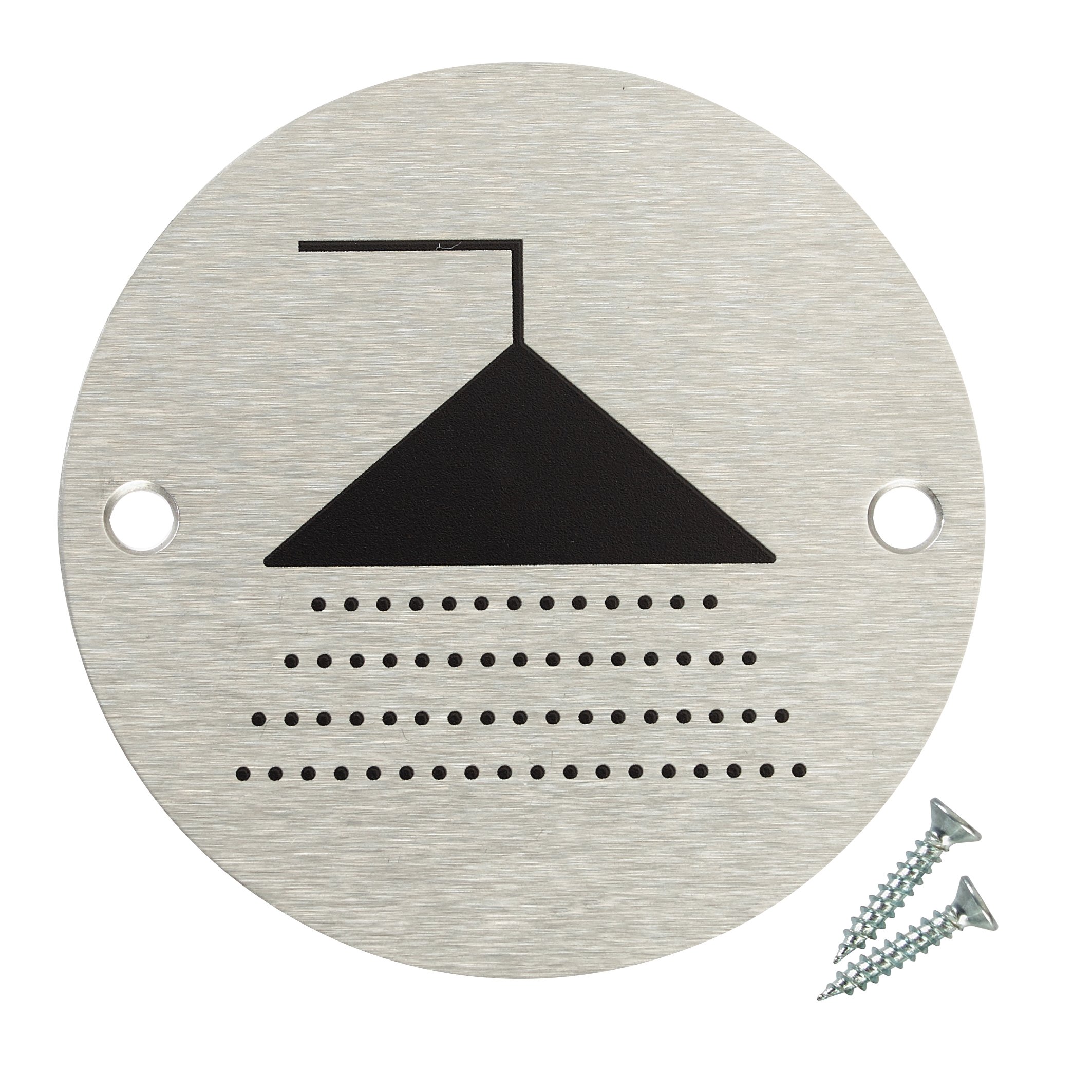 Fire Door Guru® Door Sign - 76mm Disc - Stainless Steel Safety Sign - Fixings Included (Shower)