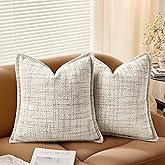 AELS 16x16 Decorative Chenille Farmhouse Throw Pillow Covers, Woven Pillow Case, Set of 2, Boho Textured Cushion Cover for Sofa Couch Living Room (Cover ONLY), Beige