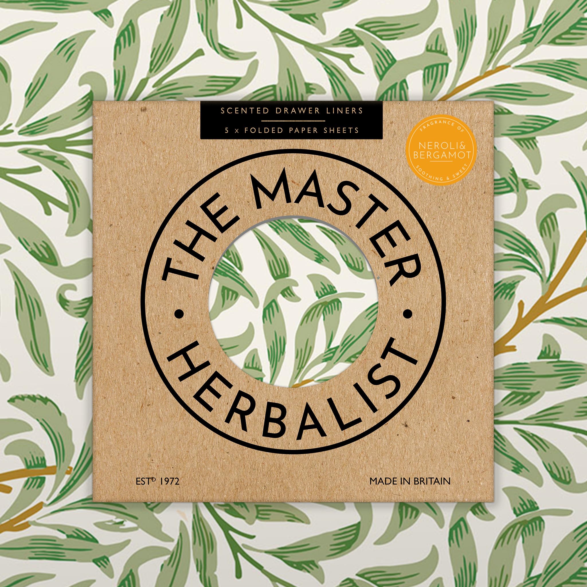 The Master Herbalist Fragrant Neroli & Bergamot Scented Drawer Liners in a William Morris Design (Folded) | Pack of 5 Sheets (60cm x 42cm) | Contains Essential Oils | Made in The UK