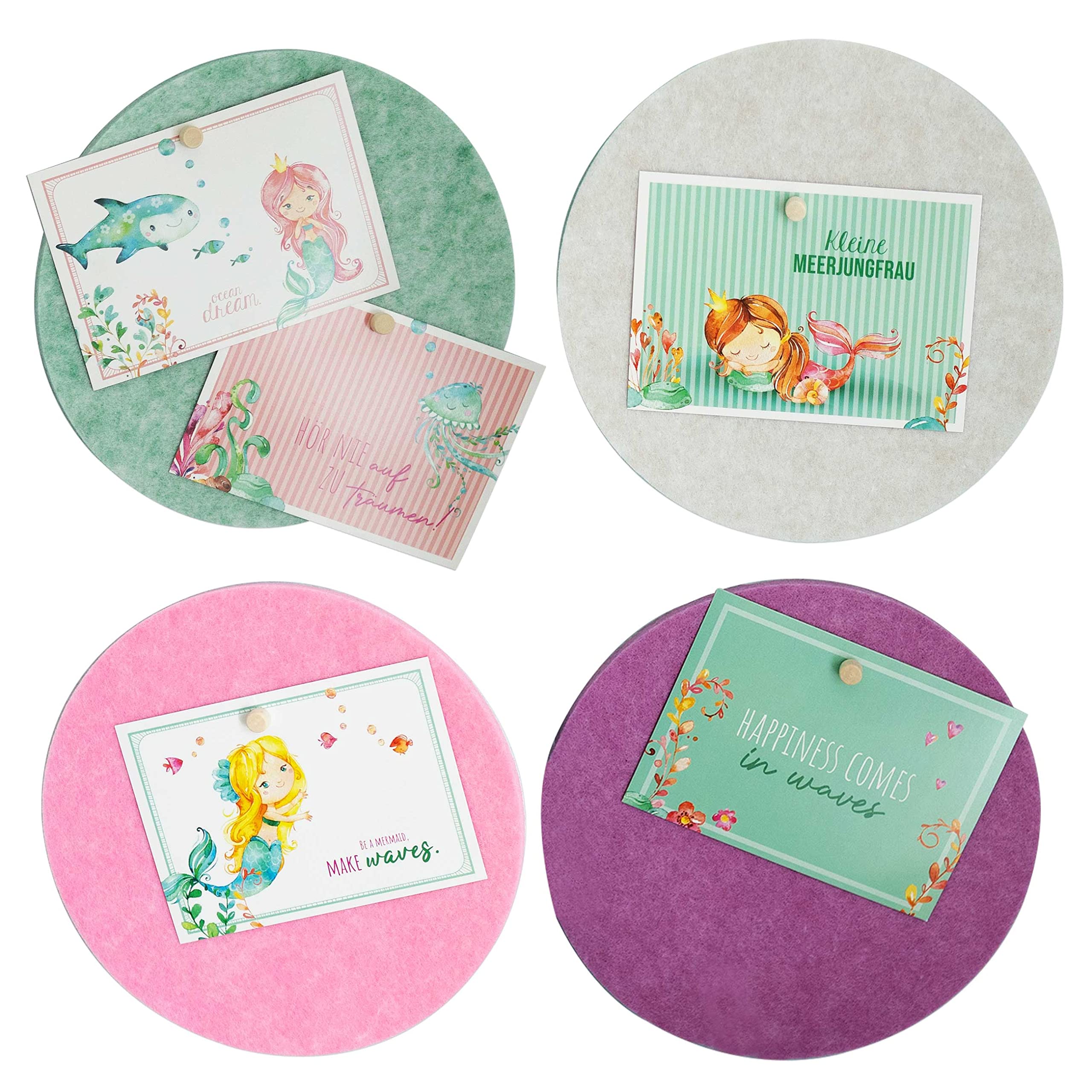 Papierdrachen 4 Pin Board Boards with 6 Postcards - Children's Room Decoration Made of Felt for Hanging - Self-Adhesive Wall Decoration Including 12 Pins - Motivational Sayings - Mermaid - Set 1