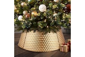 AWENDIETOU Christmas Tree Collar and Skirt Set - 23" Festive Holiday Decor with Gold Metal Tree Collar Base Stand - Ideal for Real or Artificial Trees - Christmas Skirt Tree Basket Decorations Gift Gold4