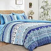 LXWORX Boho King Size Comforter Set Blue - 7 Pieces Floral Striped Comforter Set with Sheets, Soft Microfiber Bohemian Complete Bedding Sets for All Season (Blue,King)