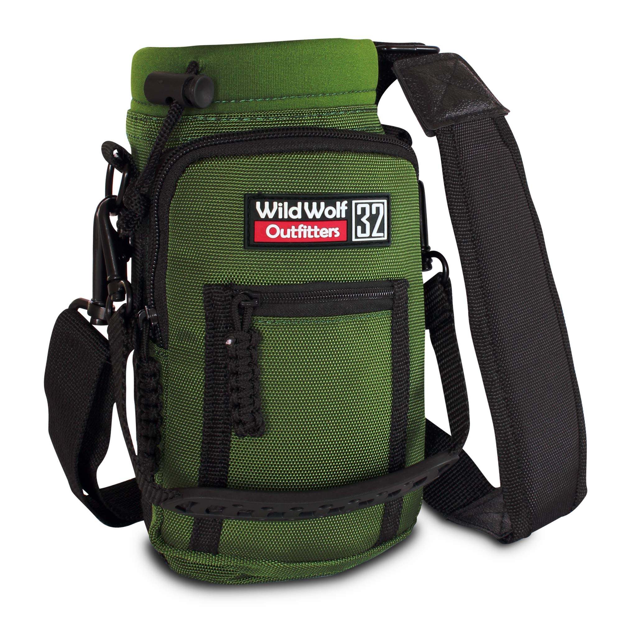 Wild Wolf Outfitters Water Bottle Carrier Holder with Adjustable Strap and 2 Pockets for Hands-Free Walking and Hiking | Green, 1 L