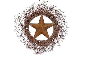 NeoL'artes 22 inch American Patriotic Wreath with Red White and Blue Pip Berries and Barn Star, 4th of July Decor Wreath for Front Door