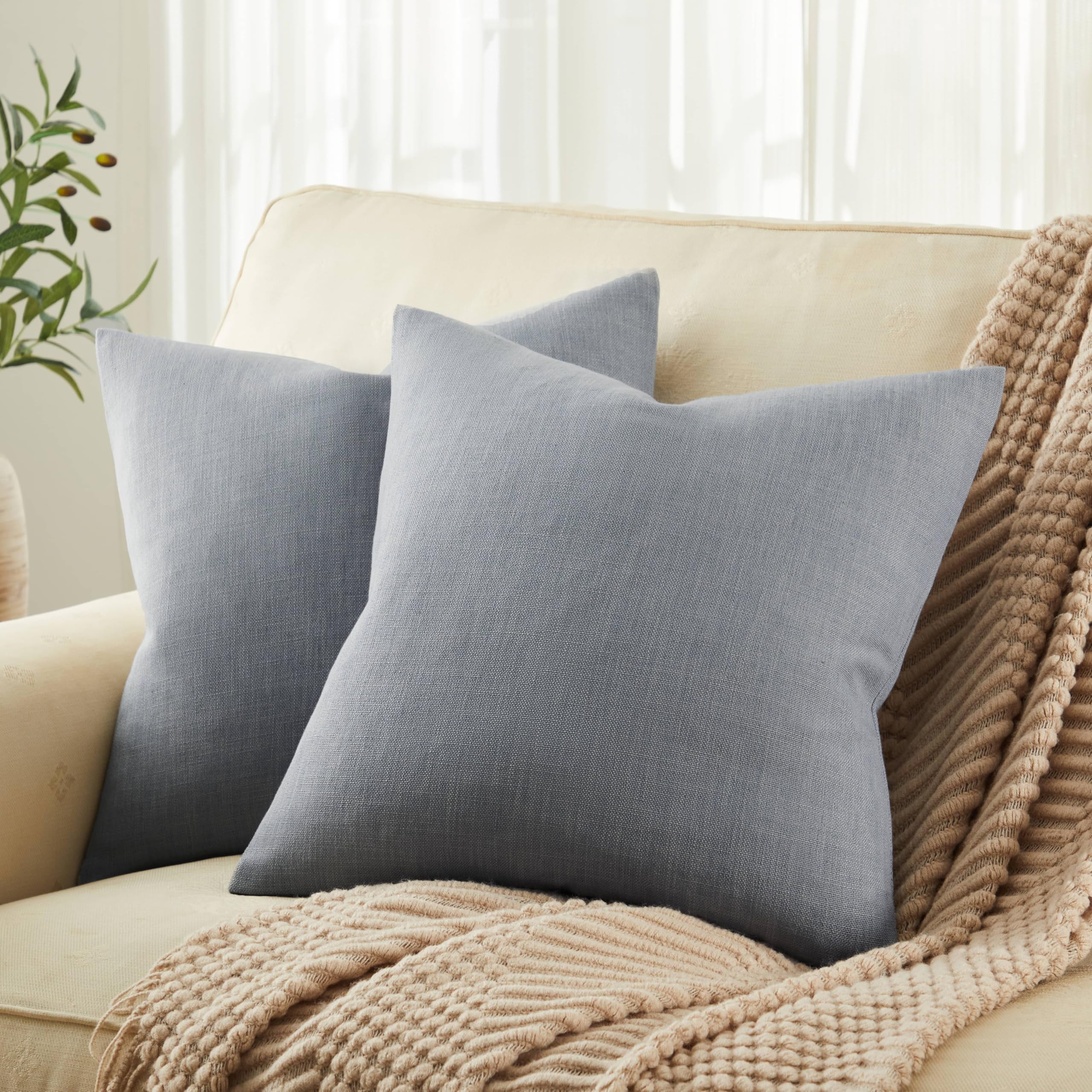 Photo 1 of ZeeMart Rustic Cotton Linen Throw Pillow Covers Set of 2, 22x22 Inch Blue Ashes, Farmhouse Style Decorative Couch Pillow Cases Cushion Covers for Sofa Bed Living Room Home Decor